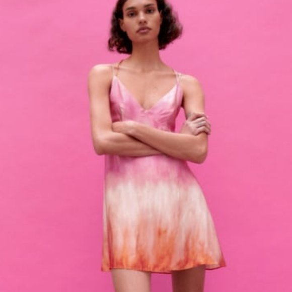 Zara Satin Tie Dye Pink & Orange Strappy Slip Dress - Picture 4 of 5